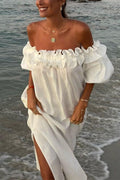 Off Shoulder Ruffle Trim Slit Cotton Linen Maxi Vacation Dress
