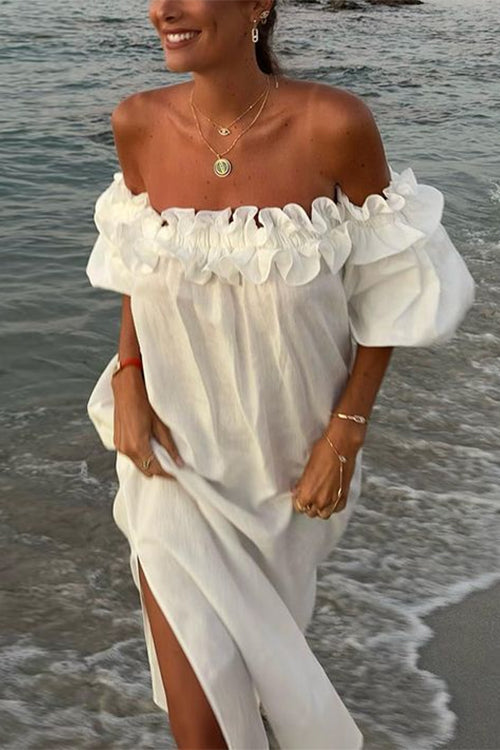 Off Shoulder Ruffle Trim Slit Cotton Linen Maxi Vacation Dress