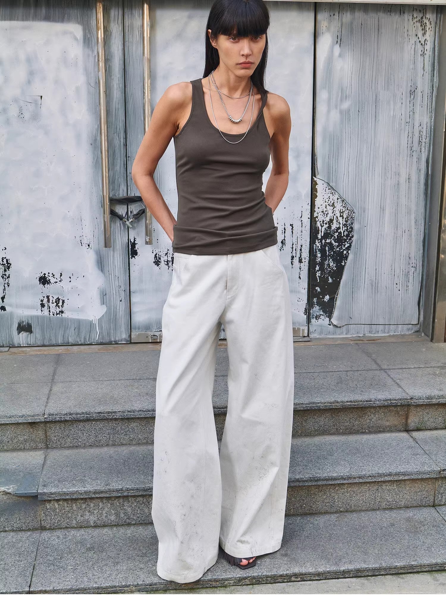 Simple White Draft Hand-painted Printed Slightly A Straight Jeans