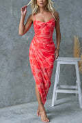 Twist Front Side Slit Mesh Overlay Printed Maxi Cami Dress