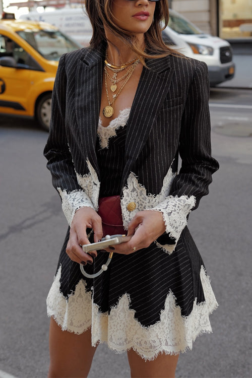 Single Button Striped Lace Trim Crop Blazer