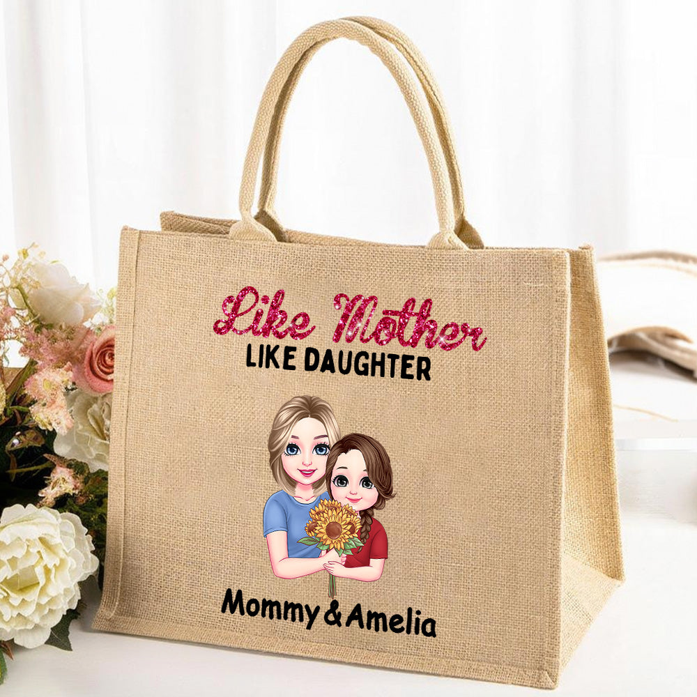 Personalizado Como Madre Como Hija Personaje de dibujos animados Bolsa de yute grande con nombre Día de la Madre Regalo de cumpleaños para mamá Abuela
