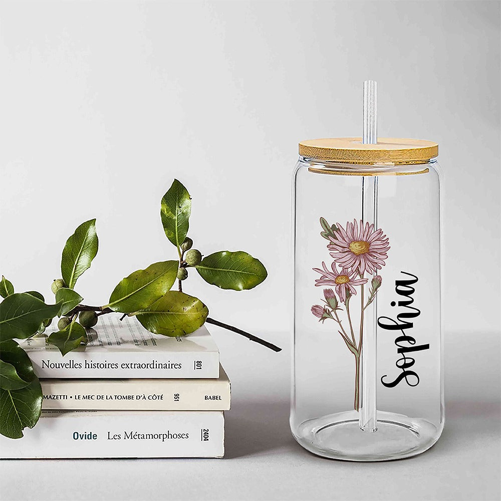 Personalizada Nacimiento Flor Nombre Esmerilado Claro 20 oz Taza de vidrio con tapa y pajita Día de la Madre Novia Propuesta Fiesta Favor Regalo para Mujeres