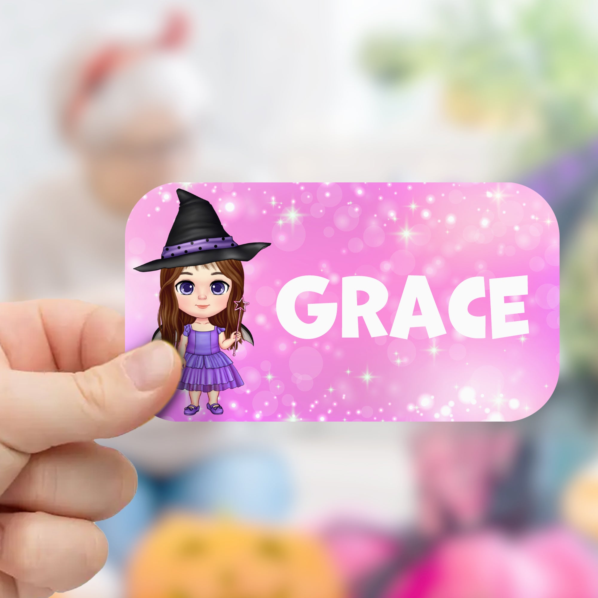 Juego de 2 etiquetas adhesivas multicolores personalizadas con el nombre de un personaje de Halloween de dibujos animados Material escolar Decoración Fiesta de Halloween Regalo para niños Niñas