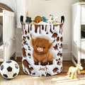 Cesto impermeable personalizado con nombre y asa para ropa sucia Vaca de las Tierras Altas Decoración de guardería Regalo de inauguración de la casa para niños Familia