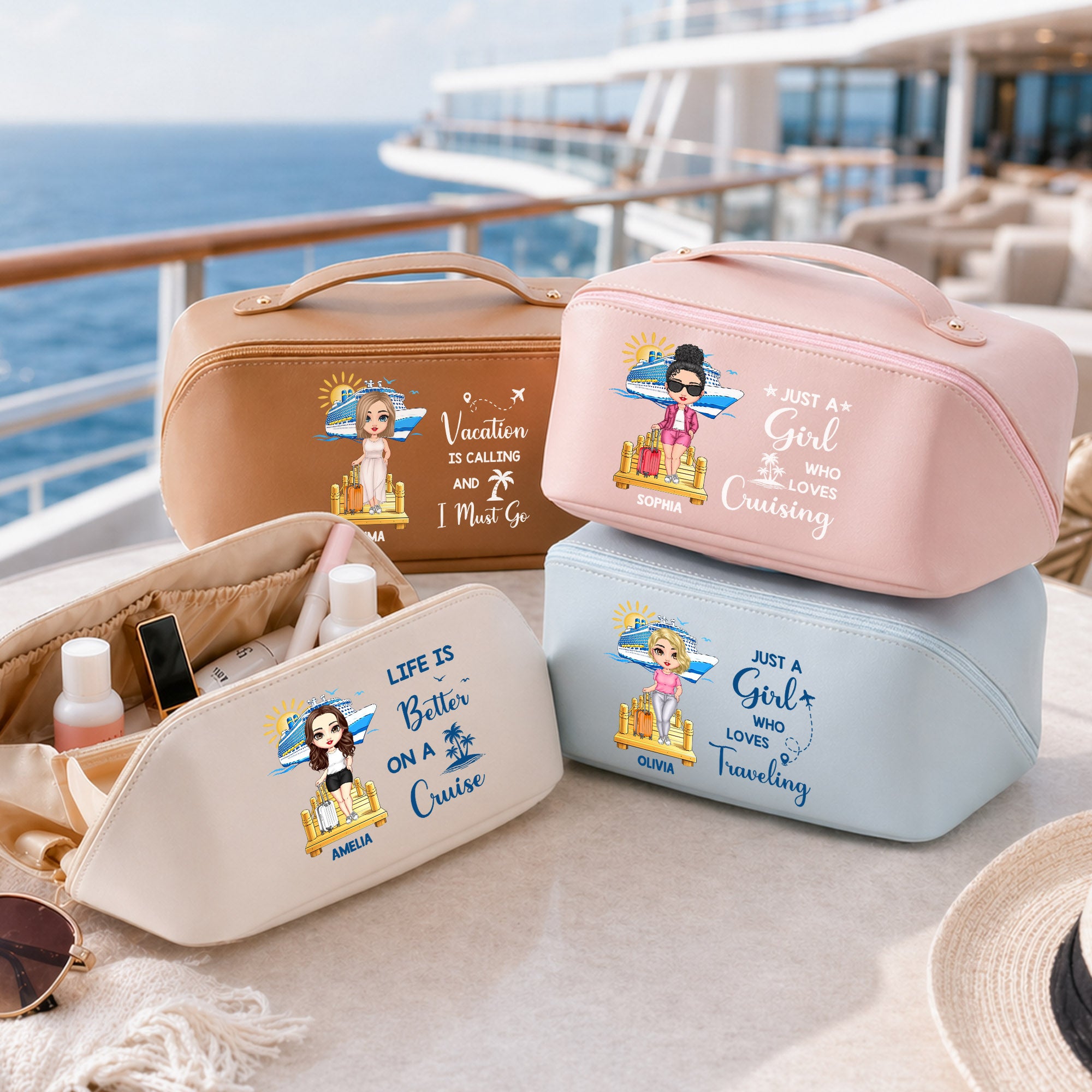 Personalizado Cartoon Personaje PU Cuero Amplia Apertura Bolsa de Maquillaje con Nombre y Texto Viaje Esenciales Cumpleaños Regalo para Mujeres