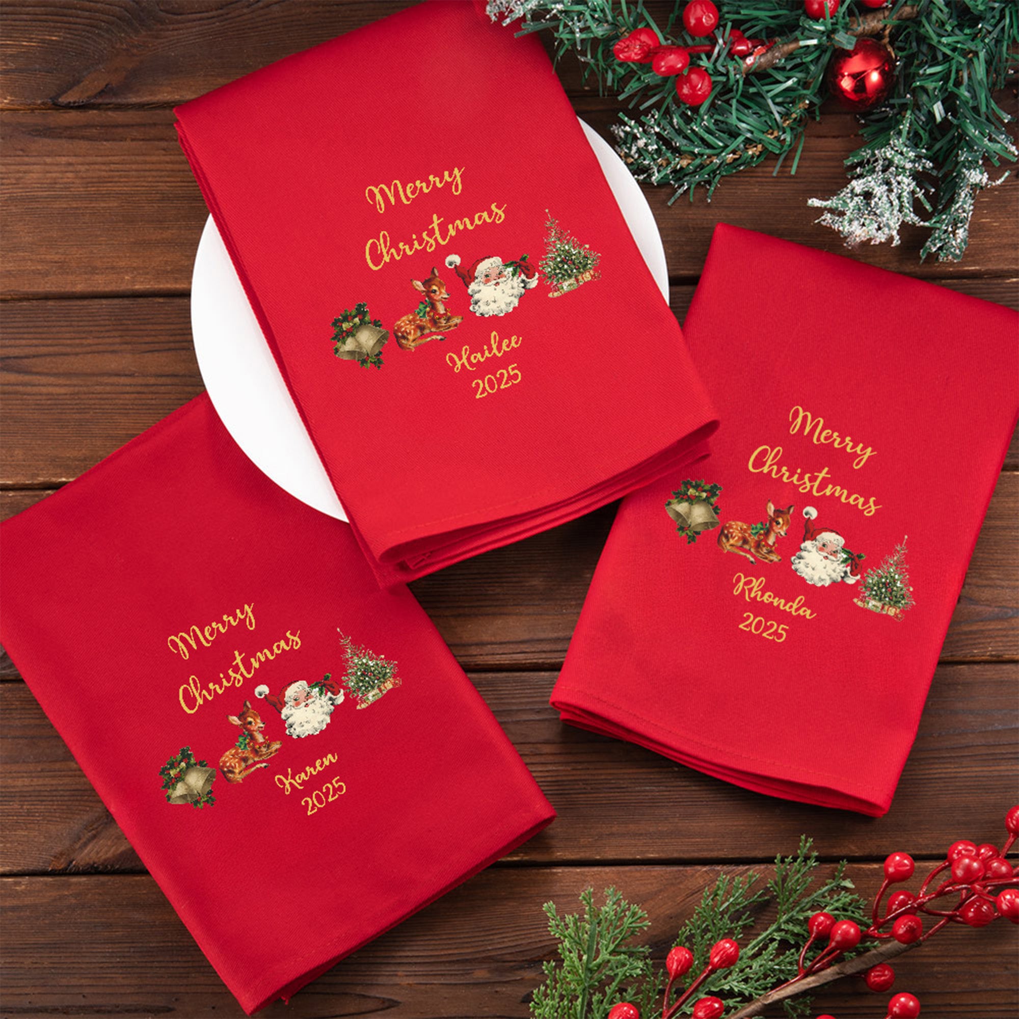 Personalizada Alce Árbol de Navidad Campana de Santa Claus 100% Algodón Rojo Servilleta con Nombre Decoración de Mesa Regalo de Navidad para la Familia Amigo