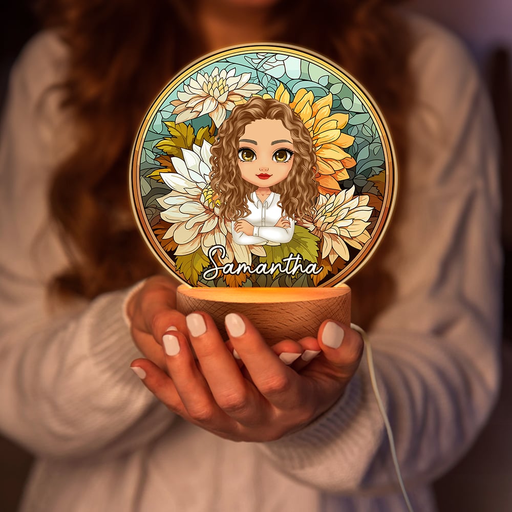 Luz nocturna LED personalizada de vidrio sintético de color con flor de nacimiento y personaje animado regalo de cumpleaños para mamá y abuela