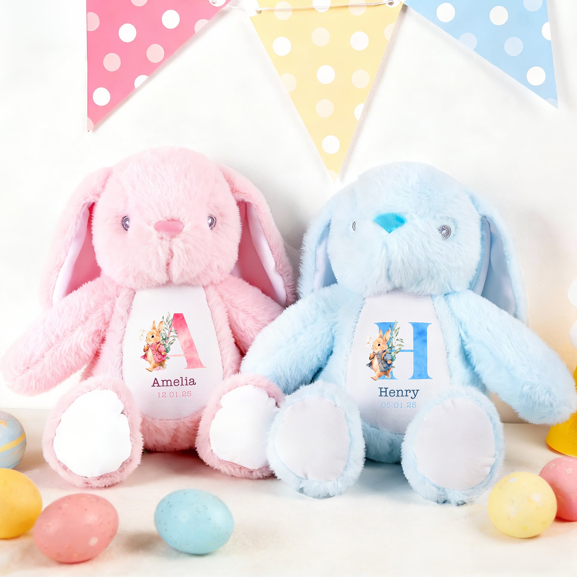 Personalizado lindo conejo de Pascua de la flor de la acuarela del conejito del juguete de peluche del animal con el nombre inicial y el regalo del cumpleaños de Pascua de la fecha para los cabritos