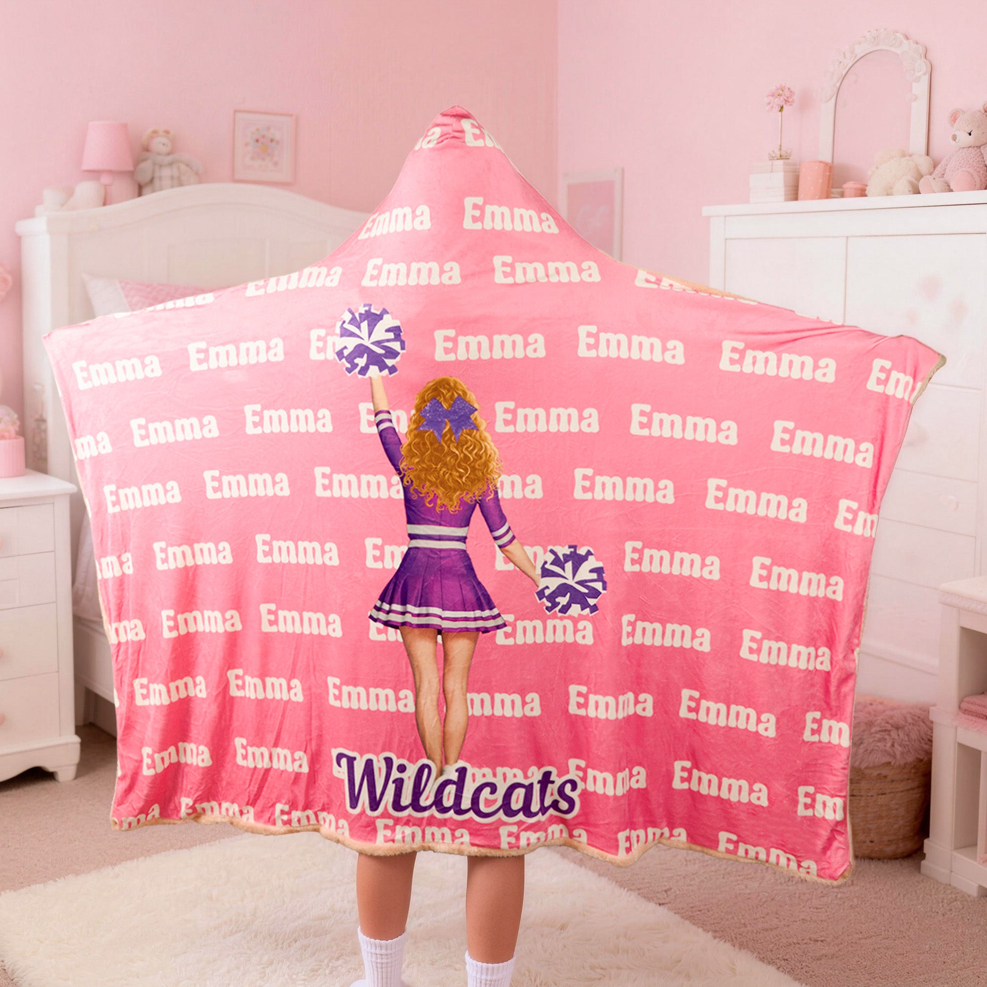 Manta con capucha personalizada de dibujos animados para niñas con nombre y nombre del equipo Game Day Senior Night Team Gift for Cheerleaders