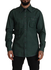 Men's Dark Green Button Down Long Sleeves Shirt Flax