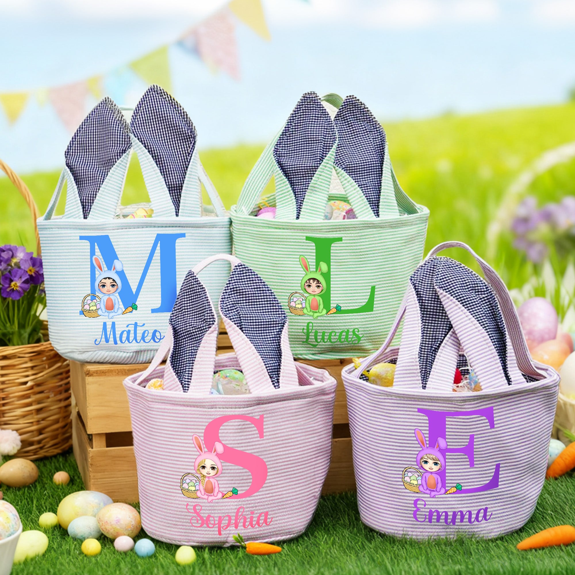 Personalizada de dibujos animados del bebé de orejas de conejo a rayas Cesta de Pascua con la inicial y el nombre de Pascua Favor Fiesta de Huevos de caza de regalo para los niños
