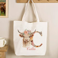 Personalizado lindo Highland Vaca Bolsa de lona con nombre y flor Inicial Cumpleaños Regalo para Niñas Amigos