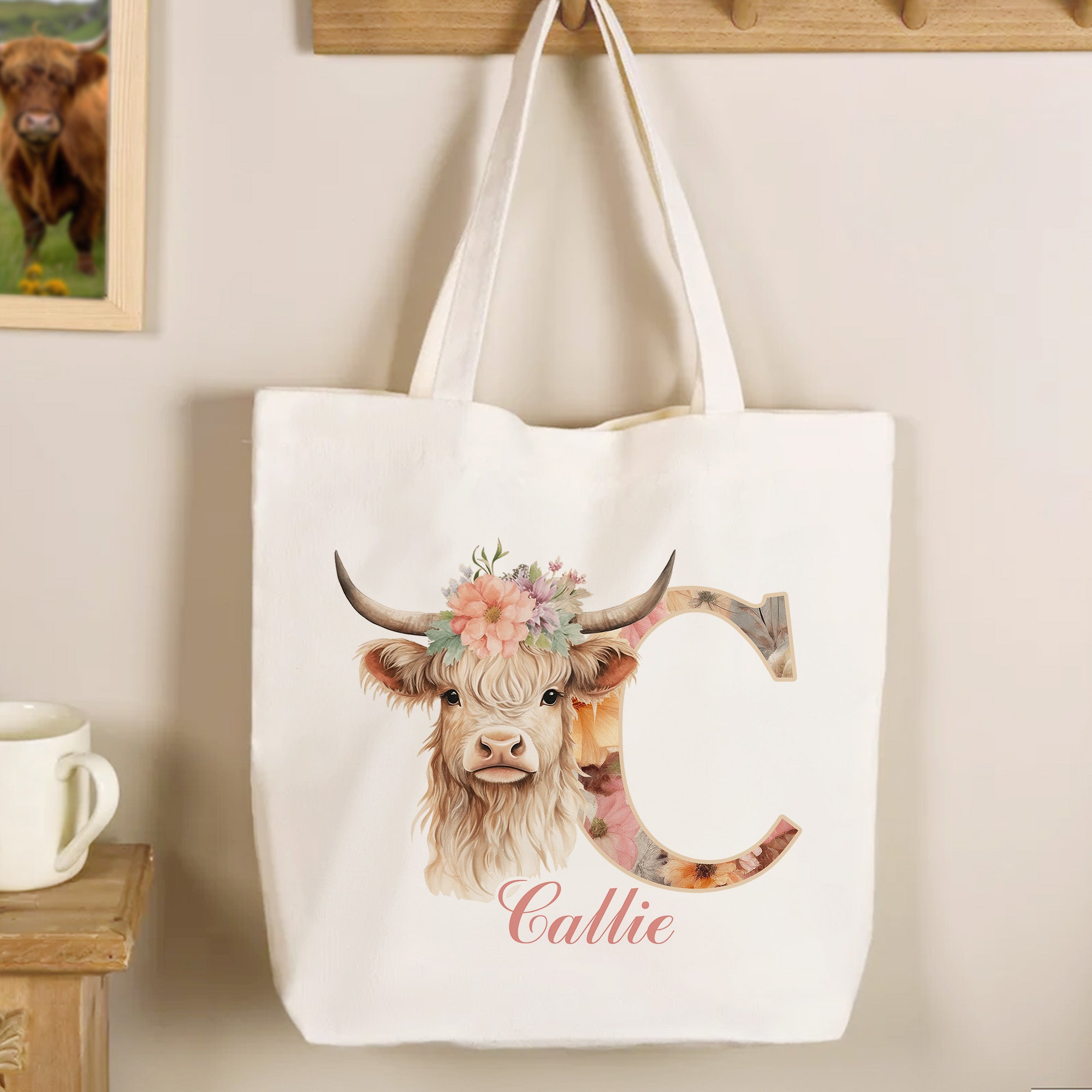 Personalizado lindo Highland Vaca Bolsa de lona con nombre y flor Inicial Cumpleaños Regalo para Niñas Amigos