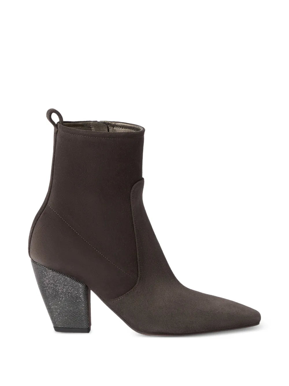 Brunello Cucinelli Suede with Monili Heel Ankle Boot — Brown