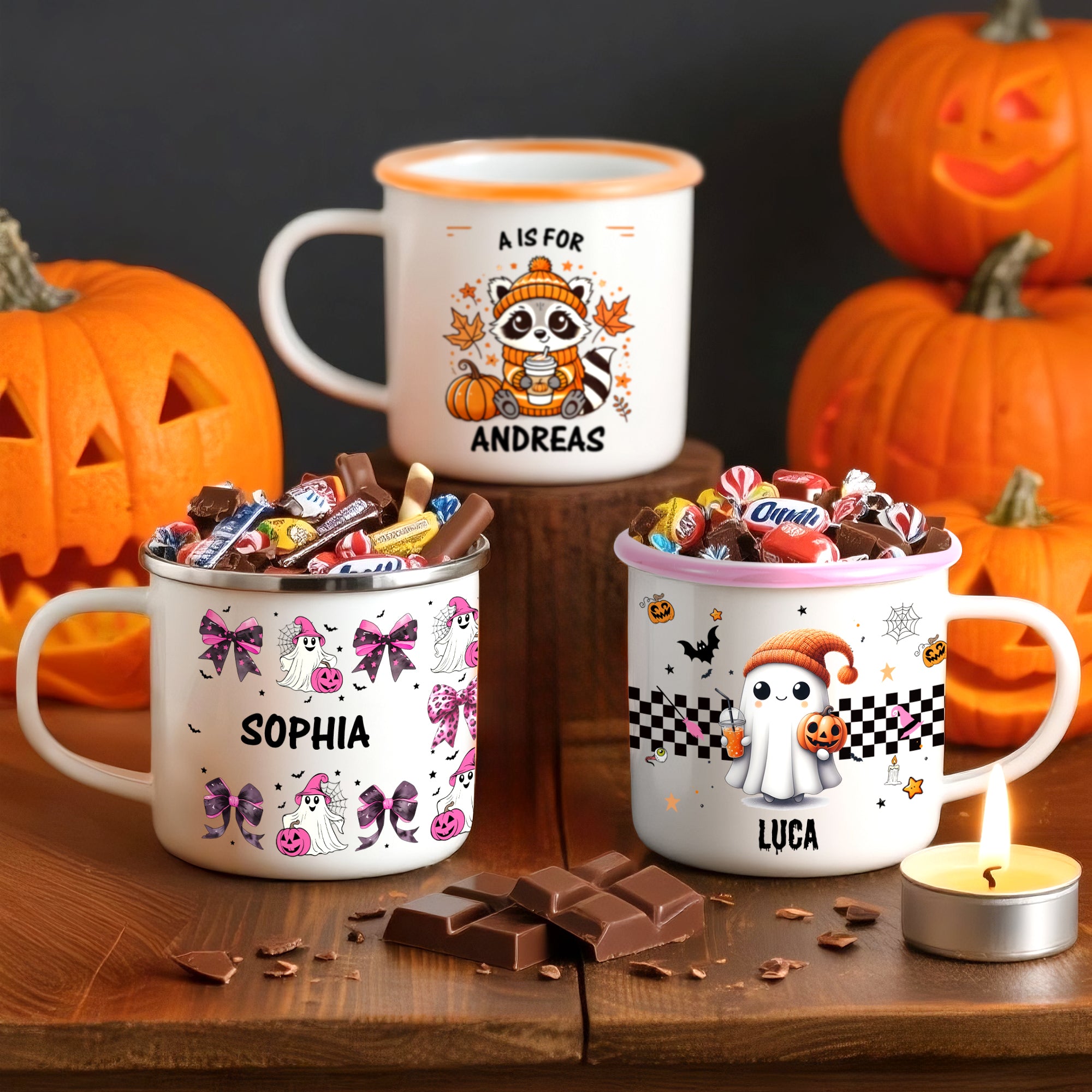 Personalizado lindo fantasma mapache calabaza 12 oz taza de esmalte con el nombre y el texto Trick or Treat Uso Halloween Party Regalo para Niños Niñas