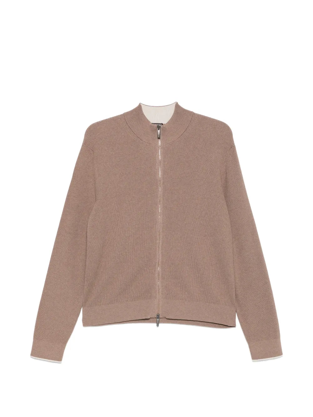 Peserico Ribbed-Knit Zip-Up Cardigan — Taupe