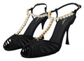 Women's Black Satin Clear Crystal T-Strap Sandal Shoes Silk