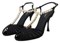 Women's Black Satin Clear Crystal T-Strap Sandal Shoes Silk