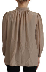 Women's Brown Waistband Sleeves Ascot Collar Top Blouse Silk