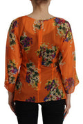 Women's Orange Floral Print Long Sleeve Blouse Silk