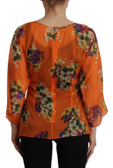 Women's Orange Floral Print Long Sleeve Blouse Silk