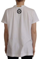 Women's White Necklace Embellished Neckline T-Shirt Top Cotton