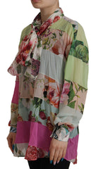 Women's Multicolor Floral Patchwork Design Ascot Collar Top Blouse Silk