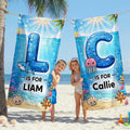 Toalla de playa y bolsa de secado rápido personalizadas con las iniciales de los simpáticos delfines del océano y su nombre Accesorio de vacaciones de verano Regalo de cumpleaños para niño y niña