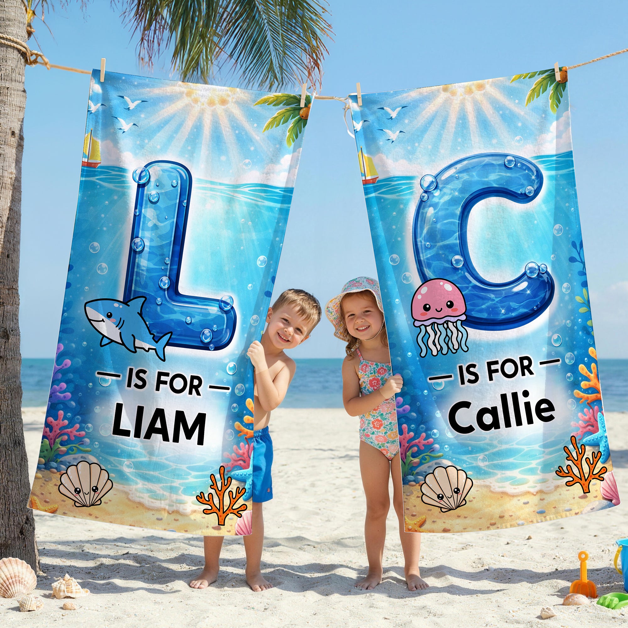 Toalla de playa y bolsa de secado rápido personalizadas con las iniciales de los simpáticos delfines del océano y su nombre Accesorio de vacaciones de verano Regalo de cumpleaños para niño y niña