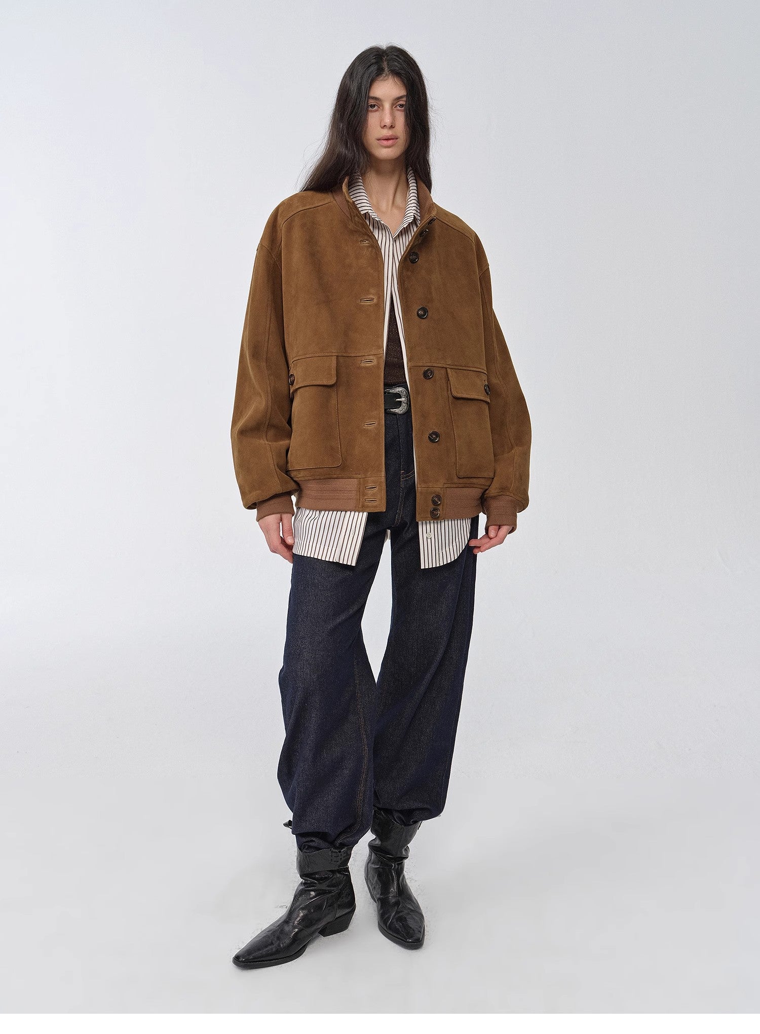 Spring Whisper Vintage imported suede sheepskin leather ribbed patchwork jacket