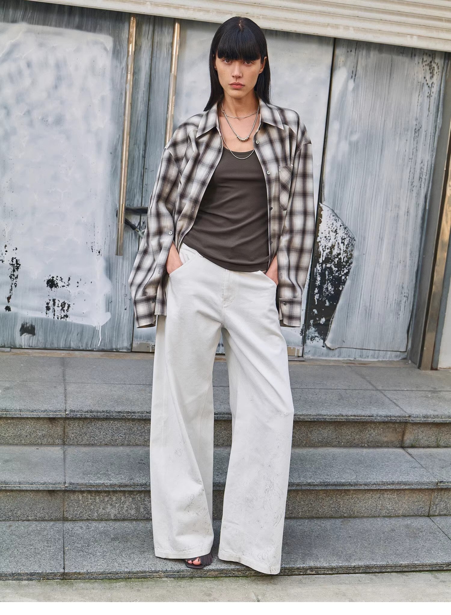 Simple White Draft Hand-painted Printed Slightly A Straight Jeans