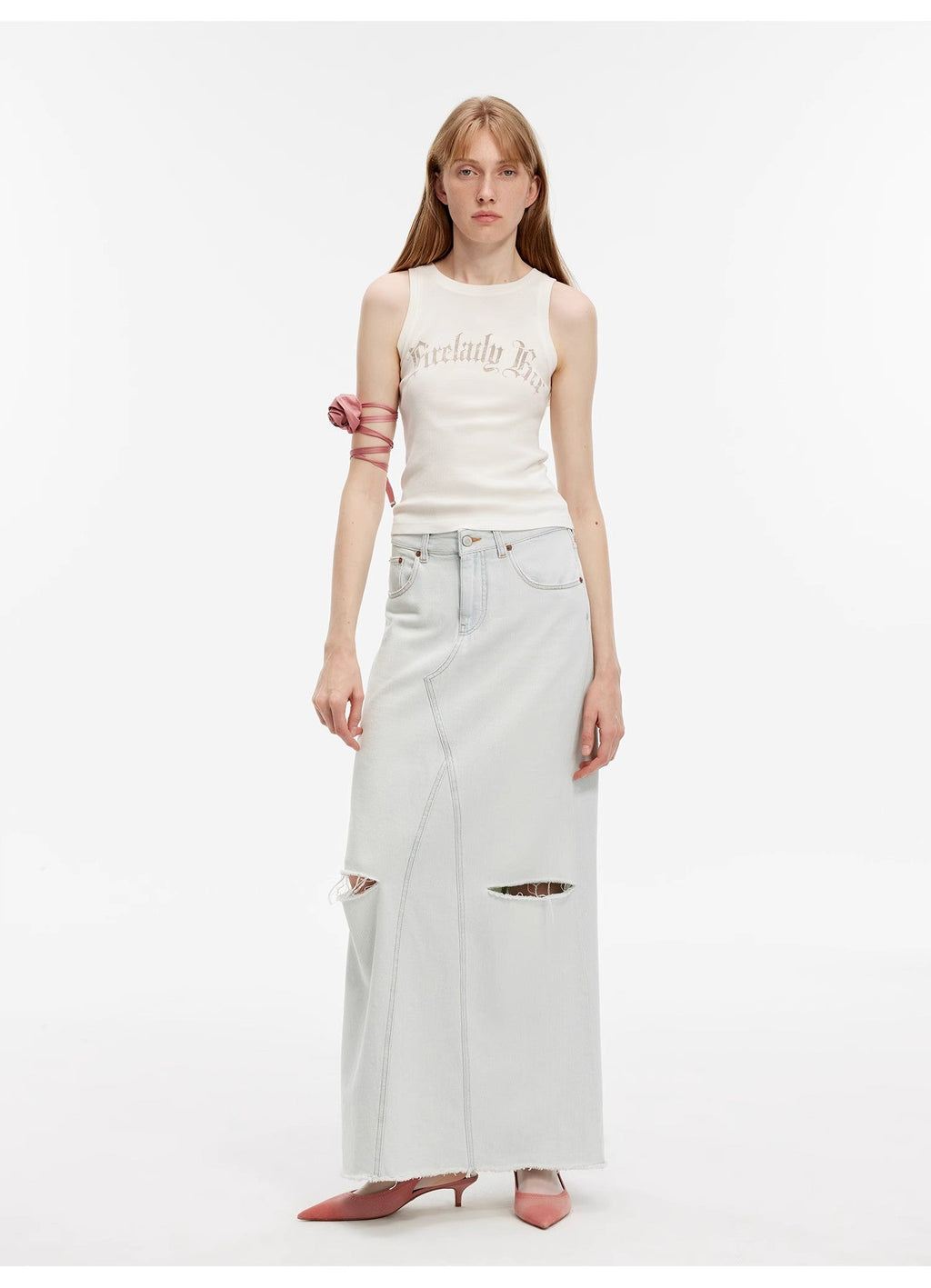 Walden Pond Turkish Imported Wash-faded Distressed Hole Denim A-line Skirt