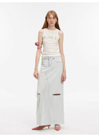 Walden Pond Turkish Imported Wash-faded Distressed Hole Denim A-line Skirt