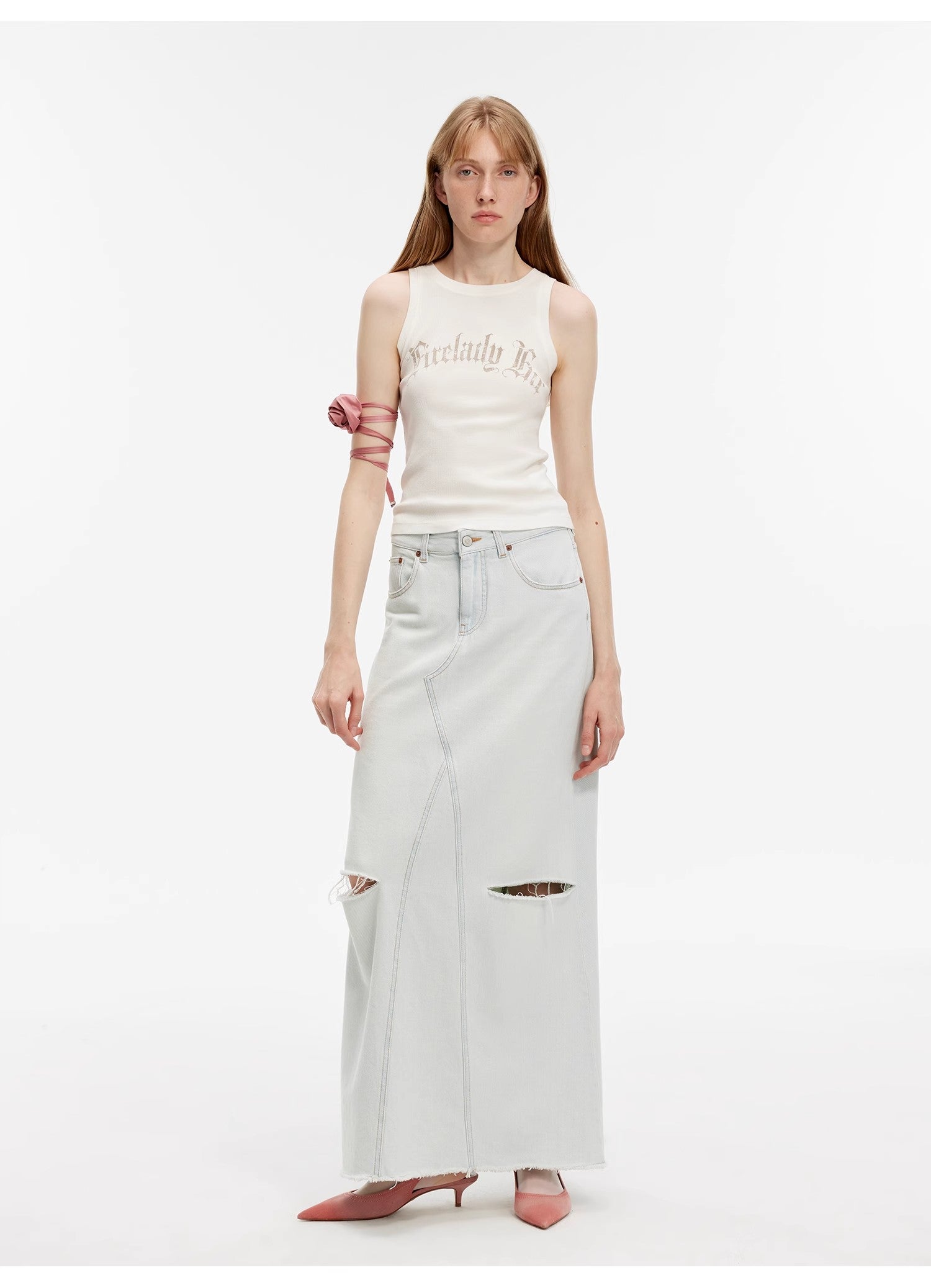 Walden Pond Turkish Imported Wash-faded Distressed Hole Denim A-line Skirt