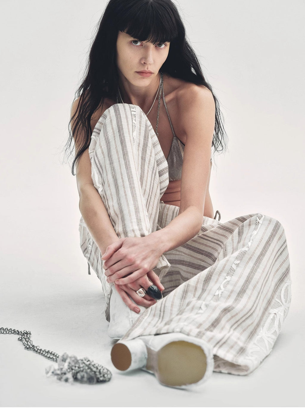 Fashion Tension Linen Vertical Stripe Drape Wide Leg Casual Pants
