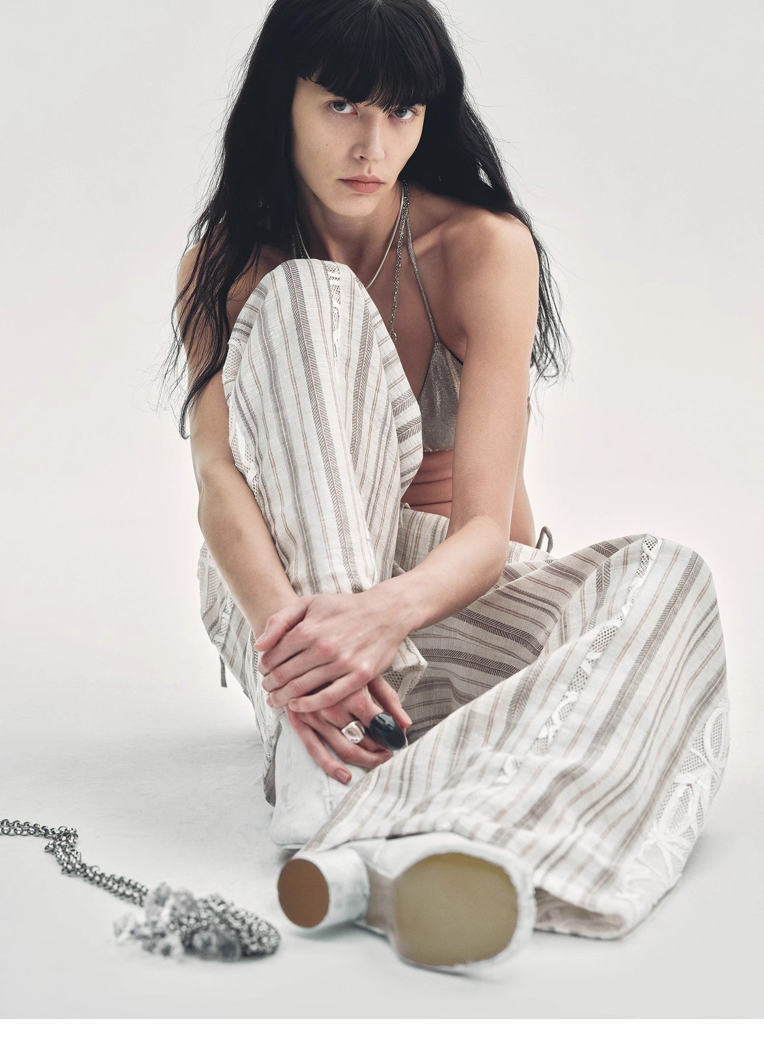 Fashion Tension Linen Vertical Stripe Drape Wide Leg Casual Pants
