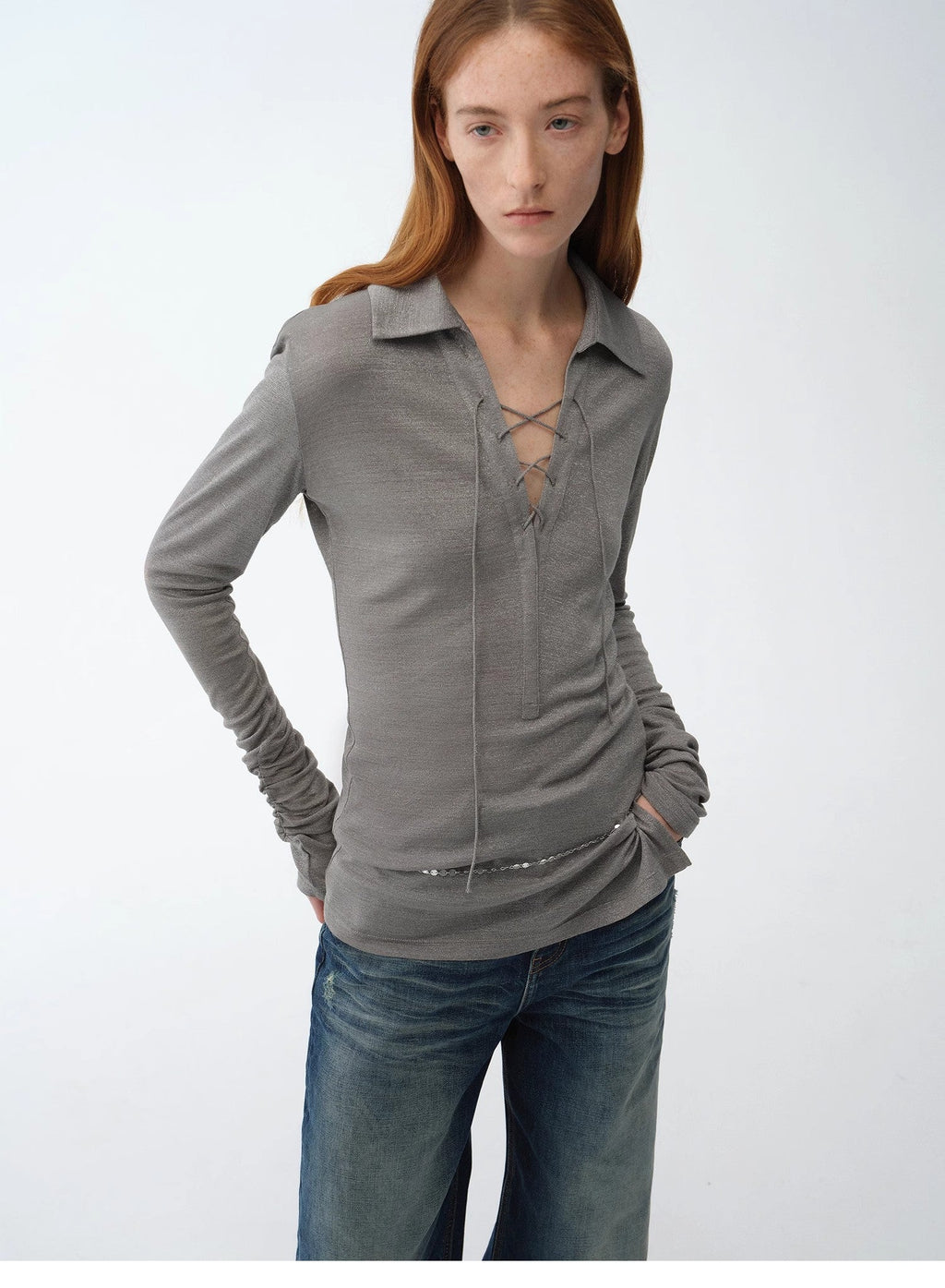 Eiffel light luxury silver silk knitted slightly transparent tie lapel slim drape long sleeve knitted top