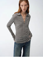 Eiffel light luxury silver silk knitted slightly transparent tie lapel slim drape long sleeve knitted top