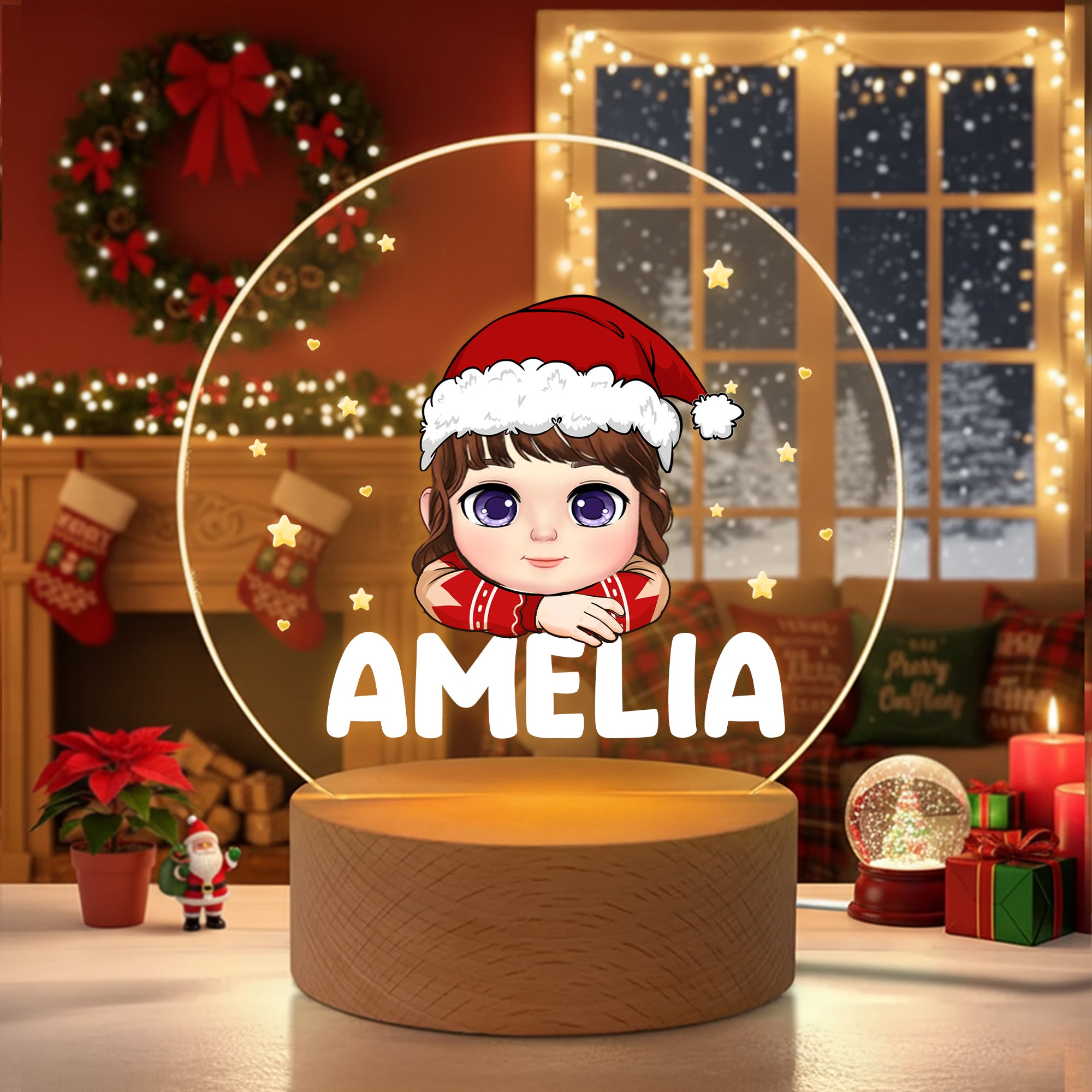 Disfraz de Navidad personalizado Dibujos animados Kid acrílico LED Luz de Noche con Nombre y Base de Madera Decoración del Hogar Regalo de Navidad para Niños Niñas