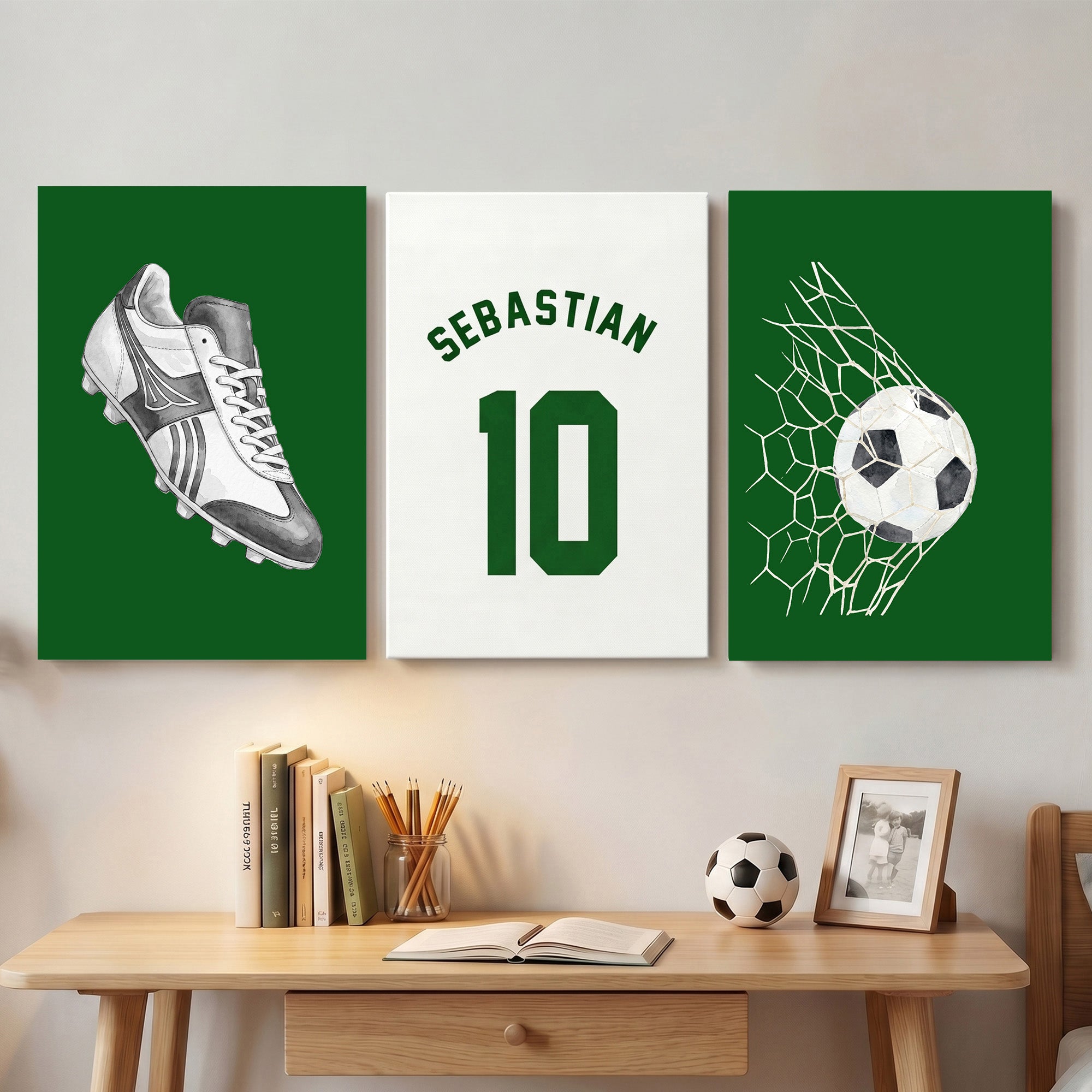 Lienzo personalizado de 3 piezas de deportes de pelota multicolor con nombre y número Regalo de cumpleaños para adolescente