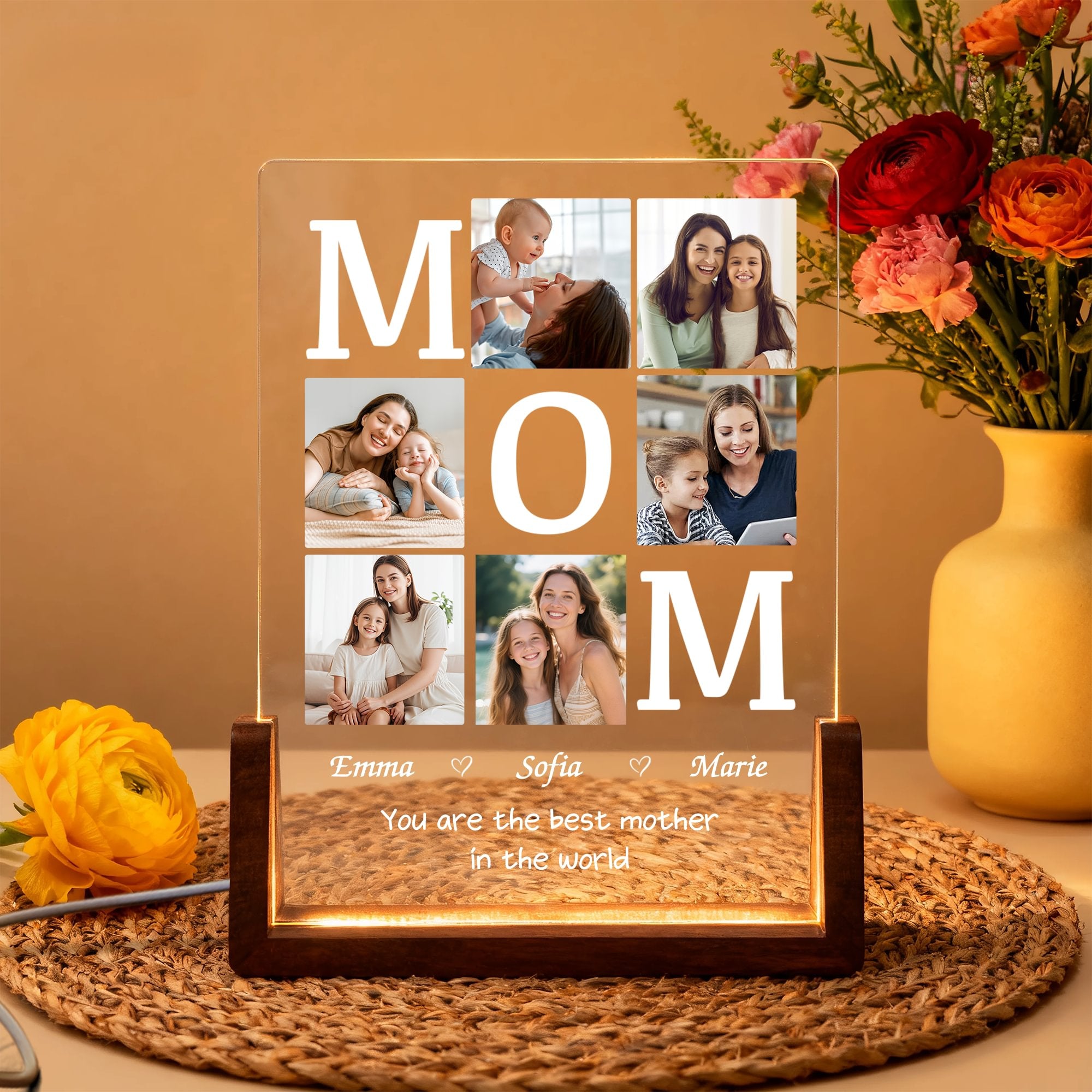 Personalizada 6 Fotos Acrílico LED Luz de Noche con Base de Madera Título Texto y Nombre Cumpleaños Aniversario Regalo para Mamá Papá Abuelos