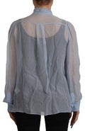 Women's Light Blue Silk Ascot Collar Long Sleeves Top