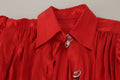 Women's Red Button Down Belted Midi Satin Silk Dress