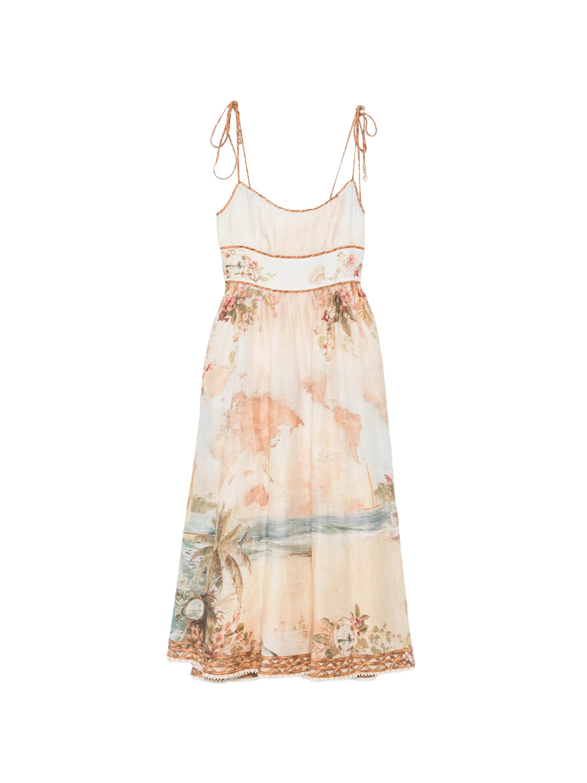 Zimmermann Map-Print Tie-Strap Dress — cream