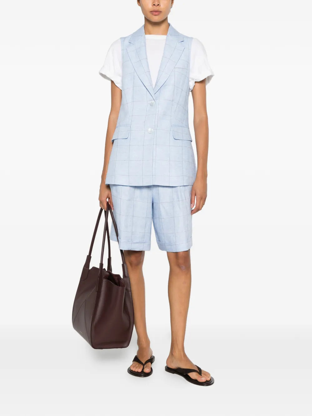 Peserico Check-Pattern Linen Vest — light blue