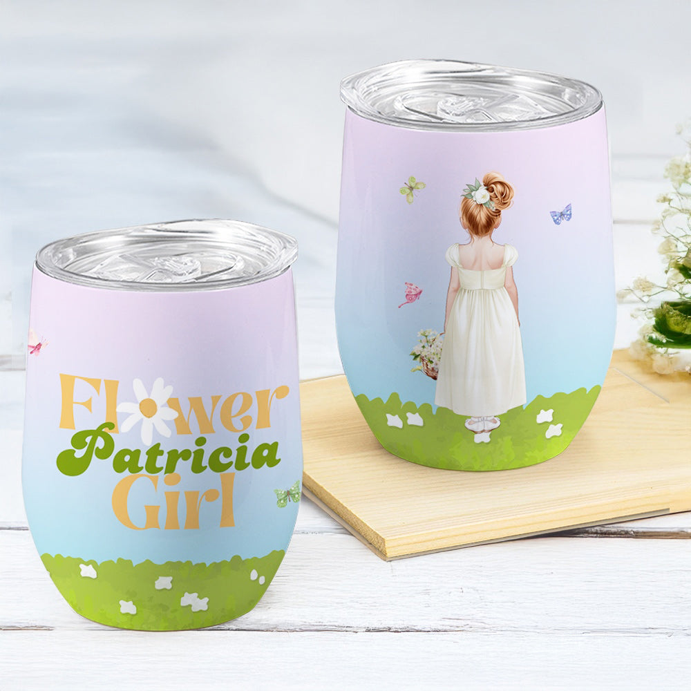 Cesta de Nacimiento Personalizada Flor de Dibujo para Niña Flor Vaso de Vino de 12 oz con Nombre y Tapa Antiderrame Regalo de Ducha Nupcial para Niña Flor