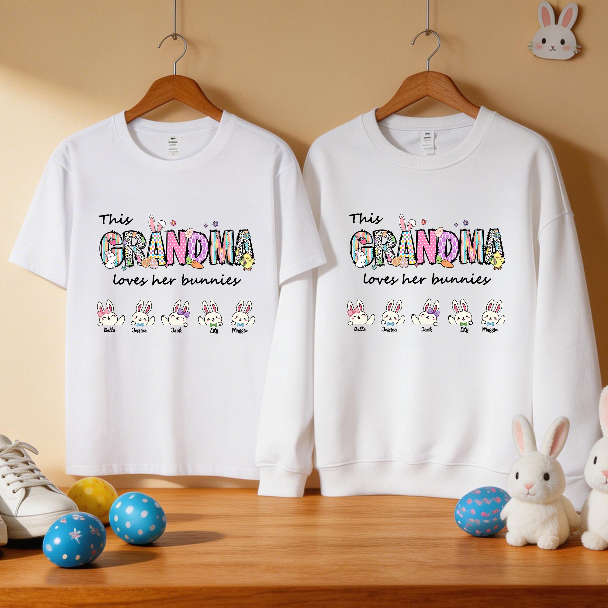 Personalizada Multicolor Conejo de Pascua Camiseta Sudadera con 1-12 Nombres Uso Diario Cumpleaños Pascua Fiesta Regalo para la Madre Papá Abuela