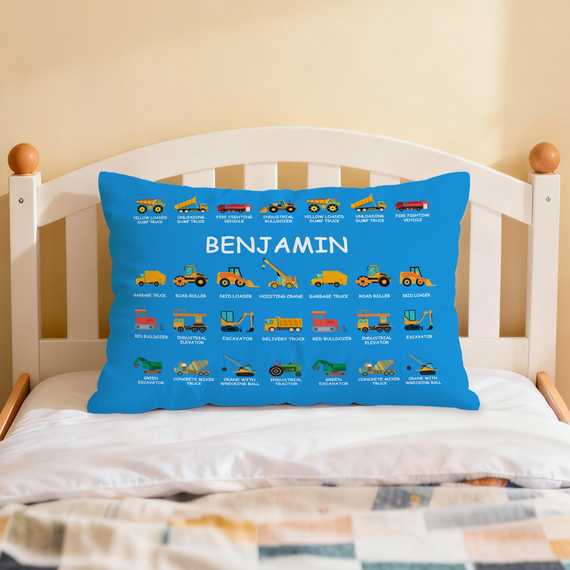 Funda de cojín personalizada con nombre Camión de construcción Excavadora Bulldozer Decoración del hogar Regalo de cumpleaños de Navidad para niños amantes de los camiones