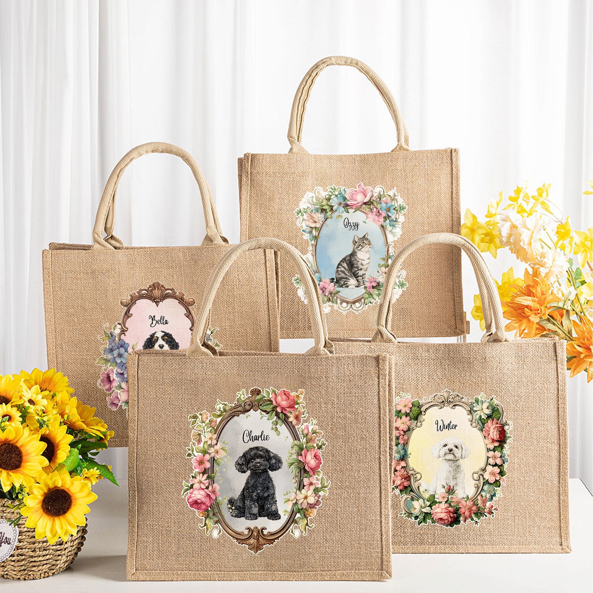 Acuarela Vintage Personalizada Marco Floral Retrato de Mascota Bolsa de Yute Grande con Nombre Fiesta en la Playa Aniversario Cumpleaños Regalo para Amantes de Perros y Gatos